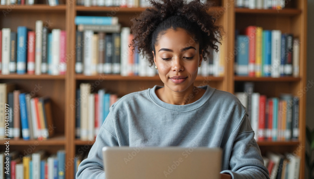 Black woman teaching internet safety in library, public education Black woman teaching internet safety in library, public education
