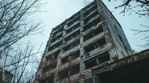 A dilapidated high-rise building surrounded by bare trees against a cloudy sky, showcasing urban decay photo