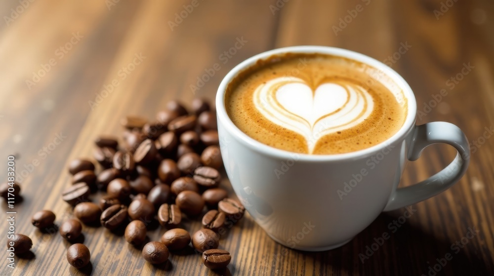 Aromatic Coffee Drink with Heart Design in a Cup Beside Roasted Beans Aromatic Coffee Drink with Heart Design in a Cup Beside Roasted Beans
