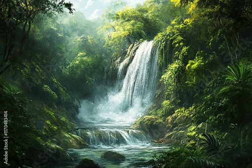 Lush jungle waterfall, serene, idyllic scene.