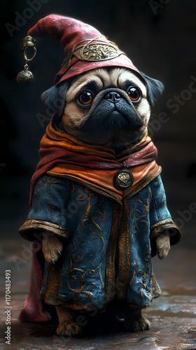 Pug dressed as a wizard in elaborate costume with a magical vibe