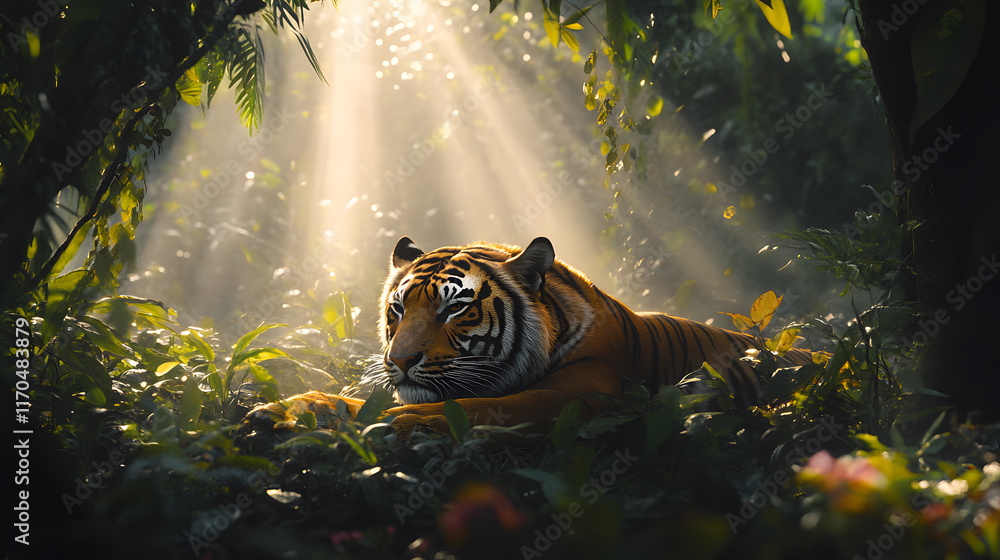 A Bengal tiger resting in a dense jungle, with sunlight streaming through the canopy as the background, during a misty morning A Bengal tiger resting in a dense jungle, with sunlight streaming through the canopy as the background, during a misty morning