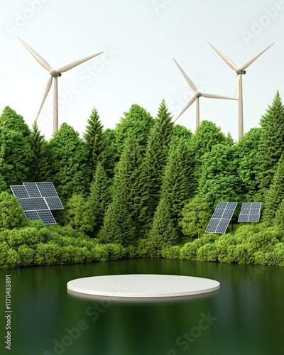 Sustainable Energy Landscape. A futuristic representation of renewable energy sources, blending solar and wind power. photo