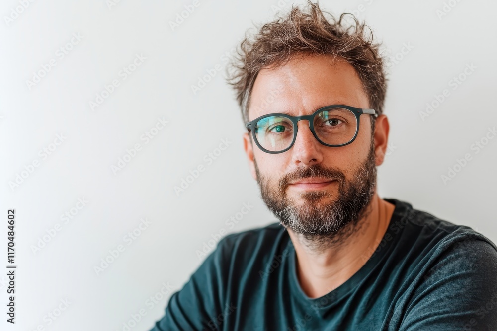 Portrait of a thoughtful man with glasses and a stylish beard against a light background, conveying a mood of creativity and introspection in modern lifestyle context. Portrait of a thoughtful man with glasses and a stylish beard against a light background, conveying a mood of creativity and introspection in modern lifestyle context.
