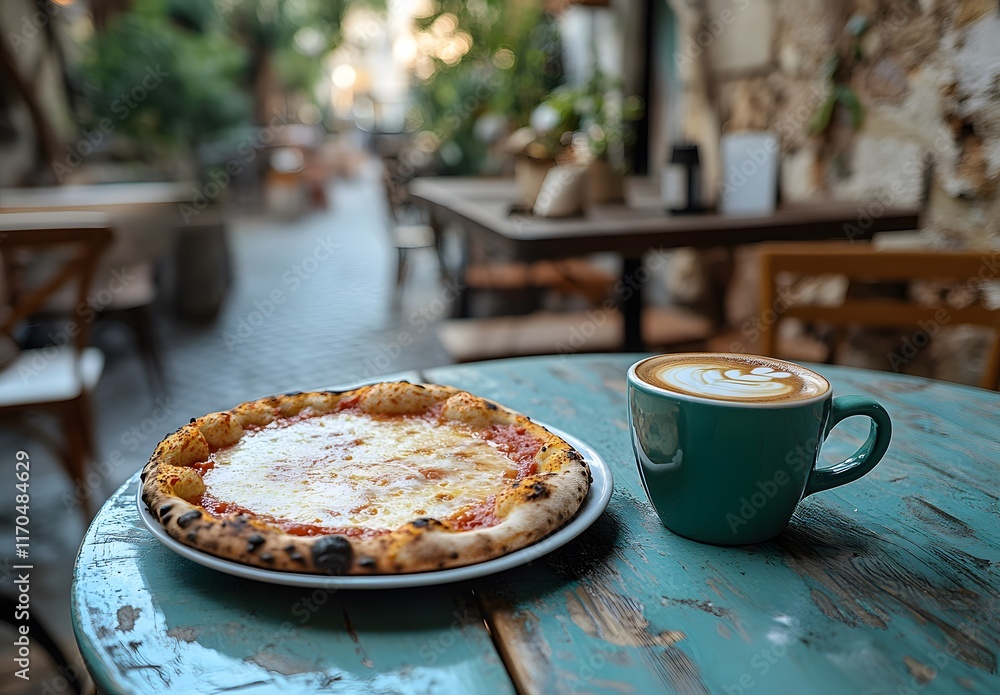 Delicious Pizza Slice and Latte Coffee Enjoyed Outdoors Delicious Pizza Slice and Latte Coffee Enjoyed Outdoors