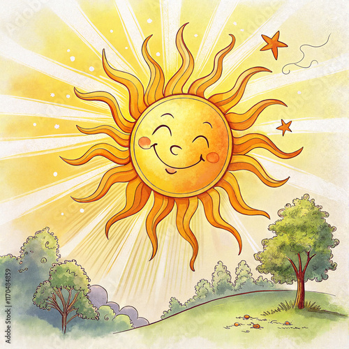 Cheerful cartoon sun with a smiling face and rays shining over a landscape with trees and stars