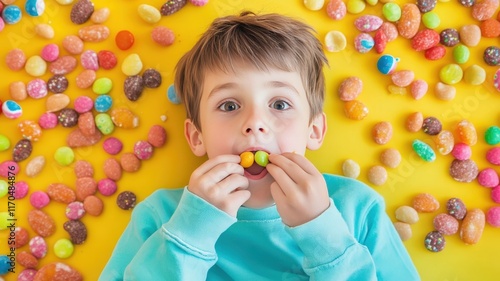 A boy surrounded by colorful candies while eating greedily sweets in his mouth. photo