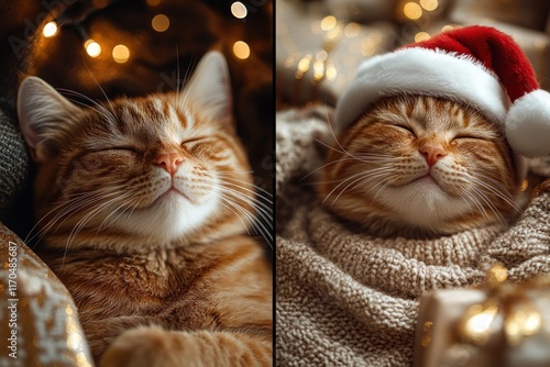 Cozy Holiday Scene with Fluffy Orange Cat in Santa Hat Surrounded by Gifts and Christmas Tree