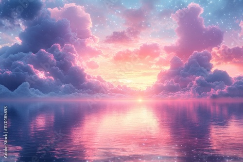 Colorful Background of Fluffy Clouds and Sparkling Stars in a Dreamy Landscape photo