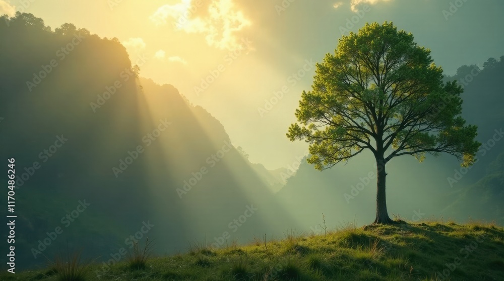 Fototapeta premium Serene Sunrise Solitary Tree on Verdant Hillside with Misty Mountains