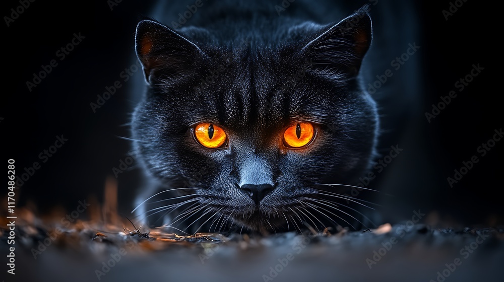 Black Cat With Glowing Orange Eyes Stalking In Darkness