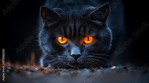 Obraz na płótnie Black Cat With Glowing Orange Eyes Stalking In Darkness w salonie