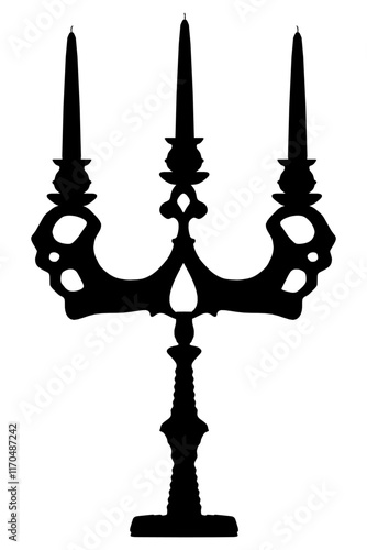 Black candle holder with three candles. The candles are lit and the holder is tall