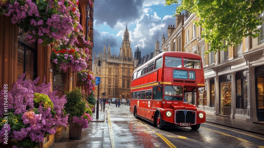 Fototapeta premium Classic red double-decker bus travels past historic architecture on a rainy London street