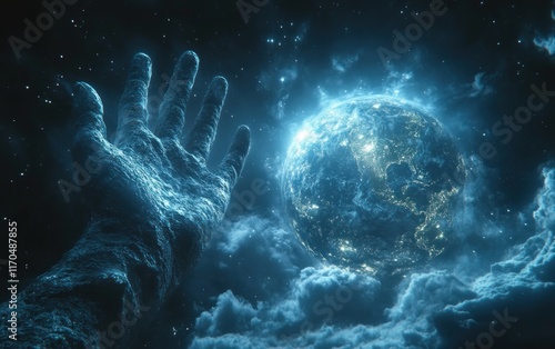 Cosmic Hand Reaching for Earth in Surrealistic Creation Scene with Light and Depth photo