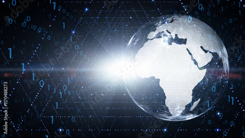 Digital computer binary data with earth globe illustration.