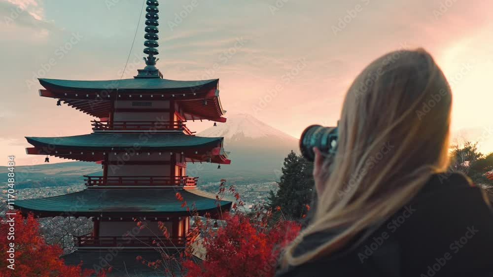 A woman captures the stunning view of Chureito Pagoda at sunset, with Mount Fuji towering in the background. A woman captures the stunning view of Chureito Pagoda at sunset, with Mount Fuji towering in the background.