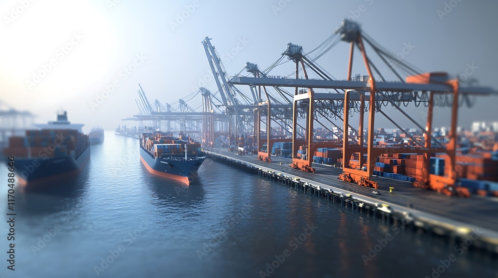 Fototapeta premium Global Commerce Visualized Through a Port's Cranes and Ships