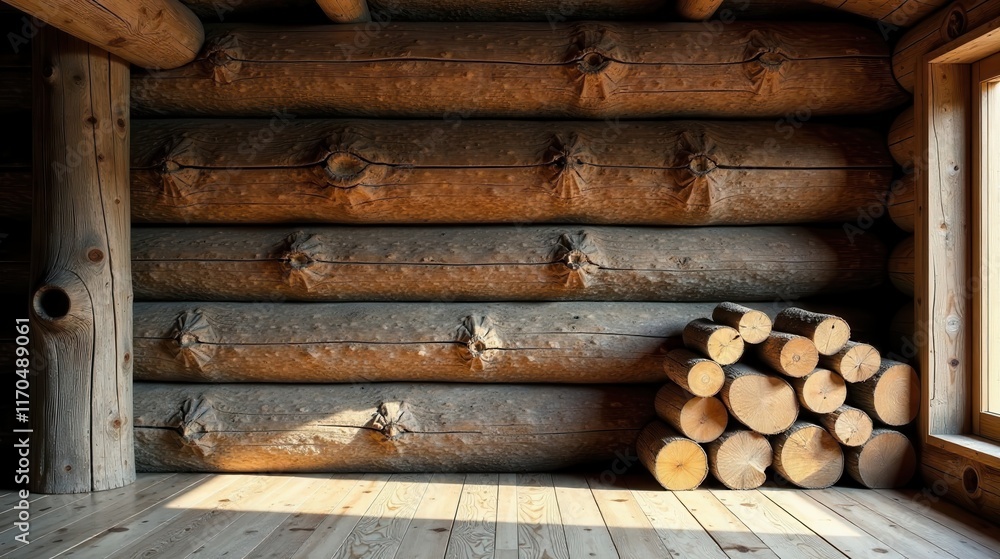 Rustic Log Cabin Interior with Stacked Firewood by Sunlit Window Rustic Log Cabin Interior with Stacked Firewood by Sunlit Window