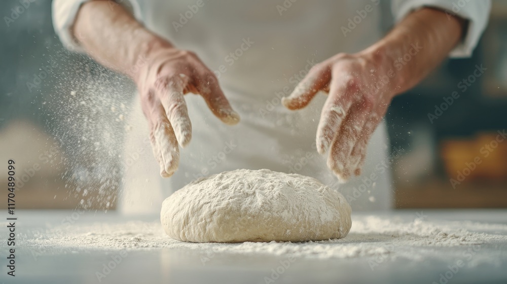 Obraz premium Baker Preparing Fresh Bread Dough in a Warm Kitchen with Flour Dusting the Air and Hands Artfully Shaping the Dough