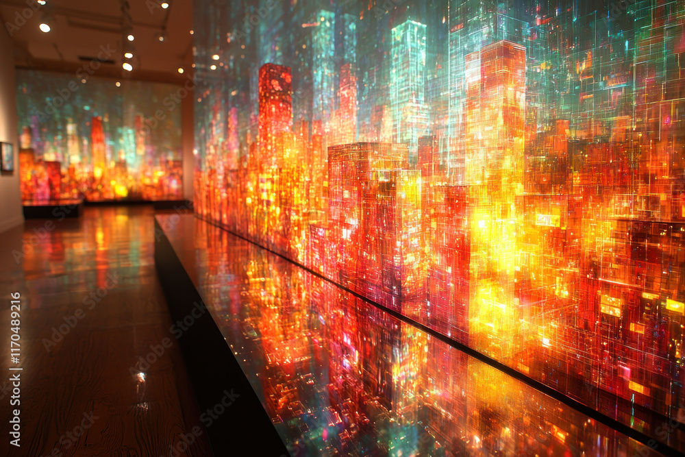 Obraz premium Vibrant digital cityscape projected onto gallery wall, reflecting in polished floor.