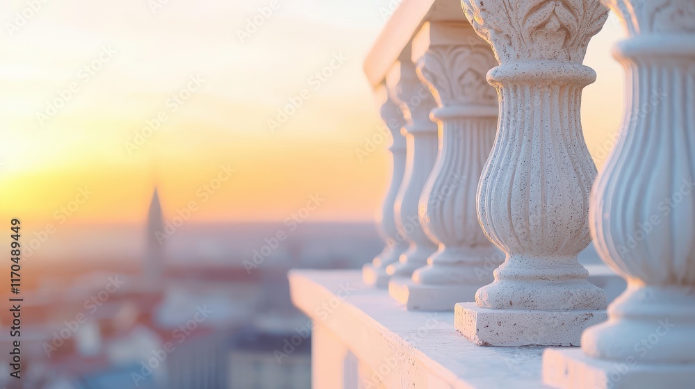 Fototapeta premium Ornate Balcony Railings Overlooking a Vibrant Cityscape at Sunset with Soft Warm Light