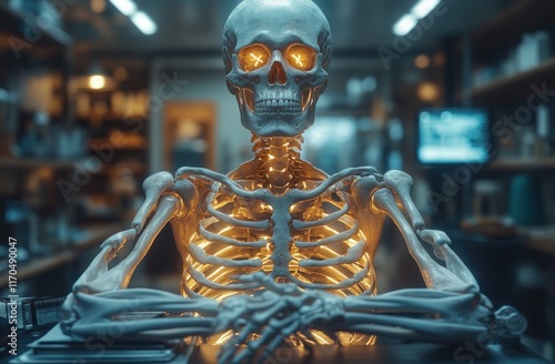 Surreal Doctor Portrait with Skeleton Hands in Bright Office Setting photo