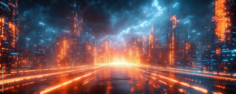 Obraz premium Futuristic Abstract Landscape Cyberpunk Background for Tech Processes Neural Networks AI Data Transfer Encryption and Digital Archives