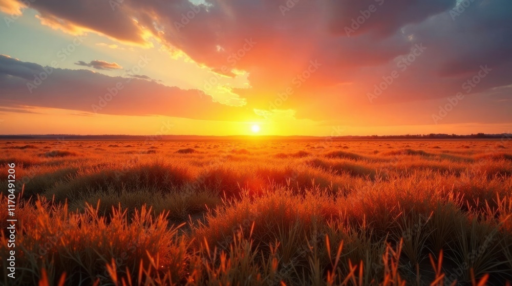 Obraz premium Golden Hour Sunset Over a Serene Grassland Landscape