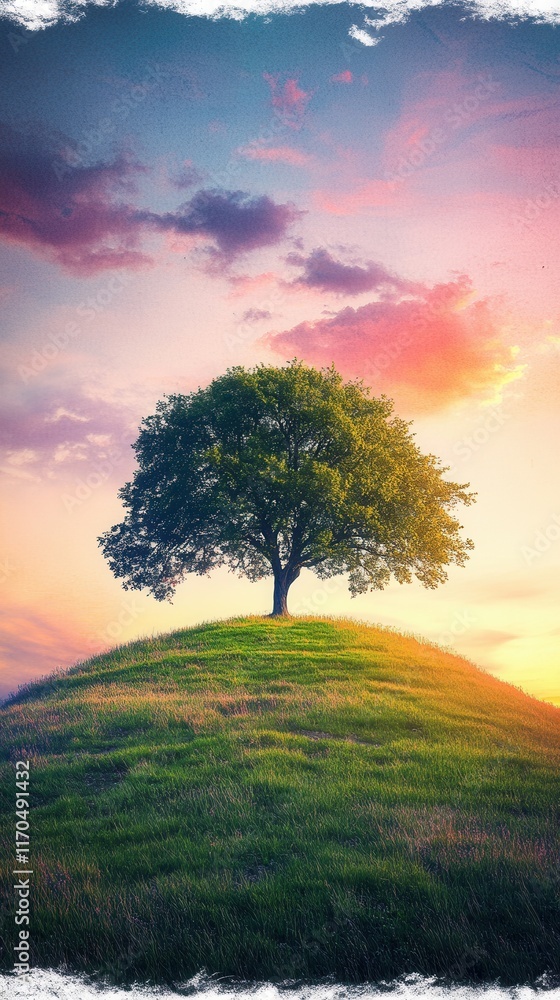 Obraz premium Lone tree standing majestically on a grassy hill during a colorful sunset in a serene landscape