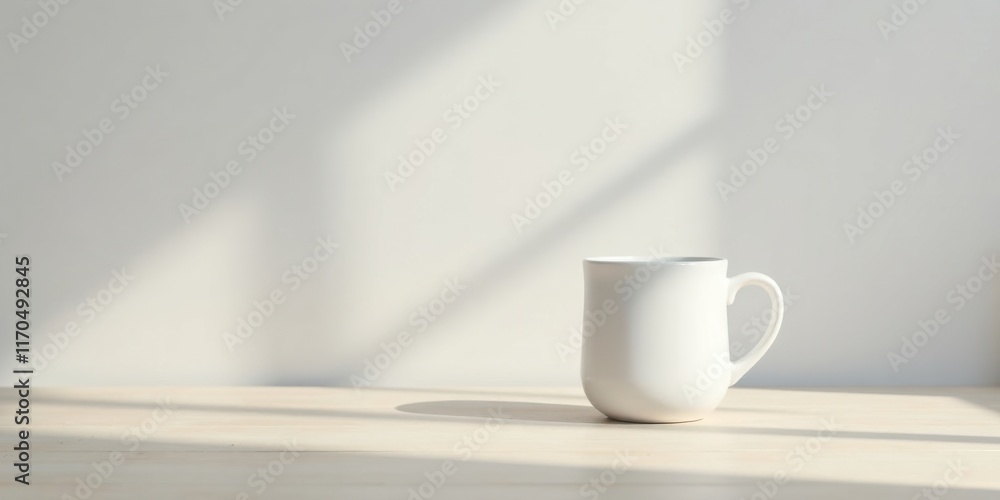 Serene Minimalist Scene White Mug on Light Wooden Surface with Sunlight Shadows Serene Minimalist Scene White Mug on Light Wooden Surface with Sunlight Shadows