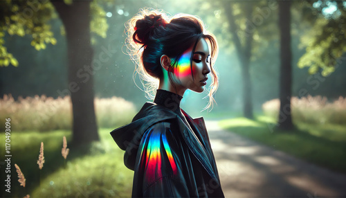 A woman standing outdoors in a park during the day with rainbow reflection