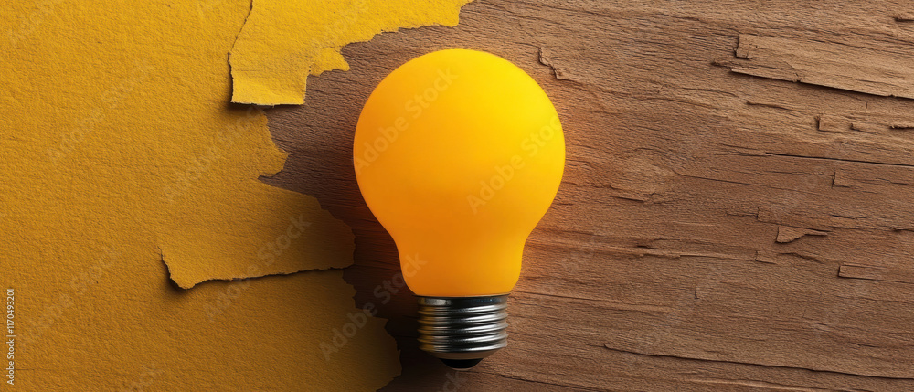 © tonstock - A cheerful light bulb with a smiling face, symbolizing creativity and positivity against a rustic wooden backdrop.