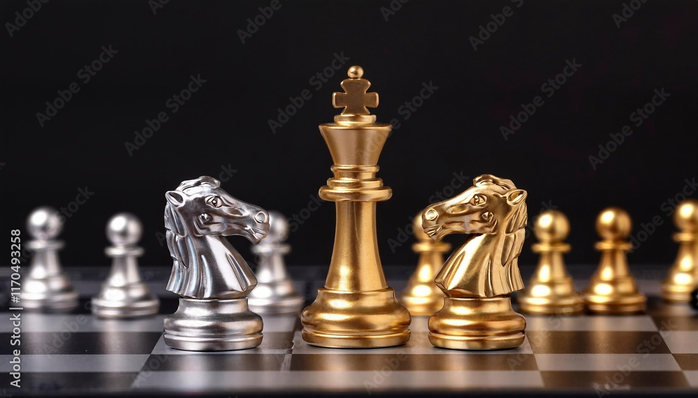 A golden king stands between opposing silver and gold knights on a chessboard A golden king stands between opposing silver and gold knights on a chessboard