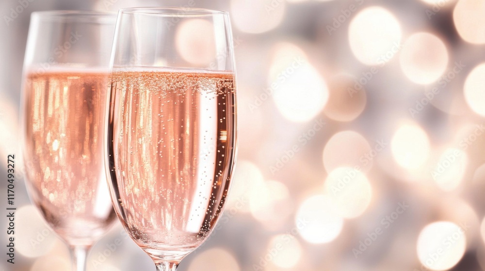 Elegant champagne flutes reflecting soft rose-gold bokeh in a festive setting during a celebratory event Elegant champagne flutes reflecting soft rose-gold bokeh in a festive setting during a celebratory event
