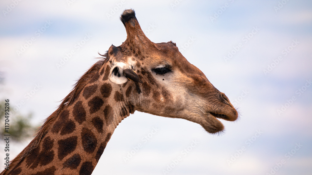 A little Red-billed Oxpecker bird cleans the ear of a little giraffe in the Kruger National Park in South Africa A little Red-billed Oxpecker bird cleans the ear of a little giraffe in the Kruger National Park in South Africa