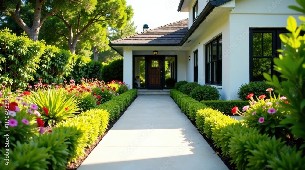Landscaped Pathway Leading to a Modern Home with Lush Greenery and Vibrant Flowers Landscaped Pathway Leading to a Modern Home with Lush Greenery and Vibrant Flowers