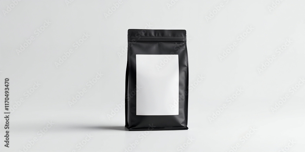 A coffee concept prepared for mockup, with a matte black coffee package and blank white label on light background A coffee concept prepared for mockup, with a matte black coffee package and blank white label on light background
