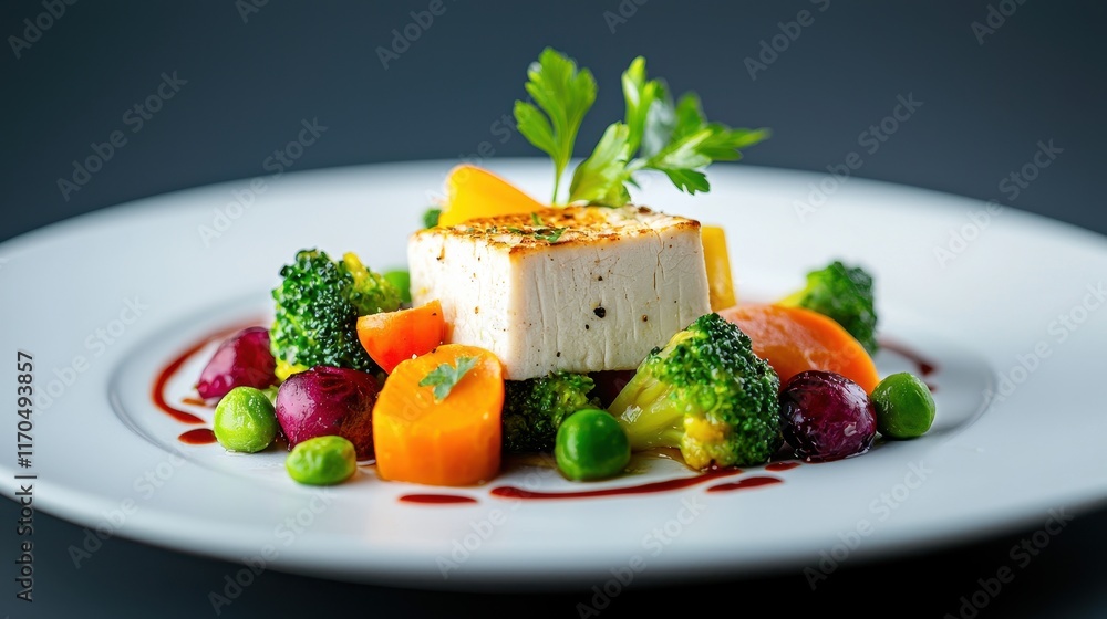 Vibrantly Colorful Vegan Meal Featuring Fresh Vegetables and Tofu on a White Plate Vibrantly Colorful Vegan Meal Featuring Fresh Vegetables and Tofu on a White Plate