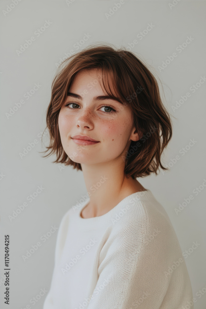 Beautiful Young Woman With Short Hair in Minimalist Setting Expressing Calmness and Simplicity Beautiful Young Woman With Short Hair in Minimalist Setting Expressing Calmness and Simplicity