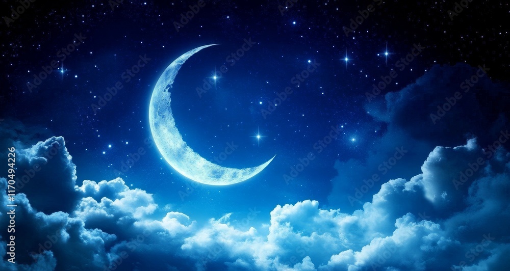 Fototapeta premium Crescent Moon Night Sky Clouds, Stars, Composition, Digital Art, Night scene Night sky, digital art