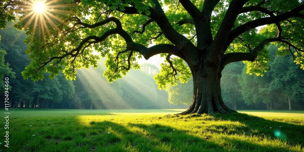 Obraz premium Majestic Oak Tree in a Sunlit Meadow, Peaceful Nature Scene