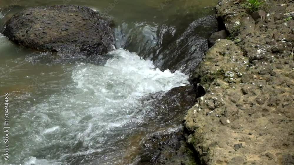 Heavy flow of water on the edge of the river.Concept of ecology and sustainable green environment.Part of a tropical rainforest.Real time raaw video no edit.footage 4K,60Fps Heavy flow of water on the edge of the river.Concept of ecology and sustainable green environment.Part of a tropical rainforest.Real time raaw video no edit.footage 4K,60Fps