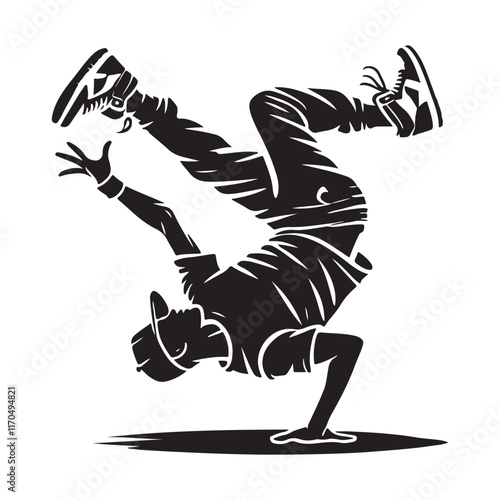 Breakdance Silhouette Vector Illustration, Solid White Background.