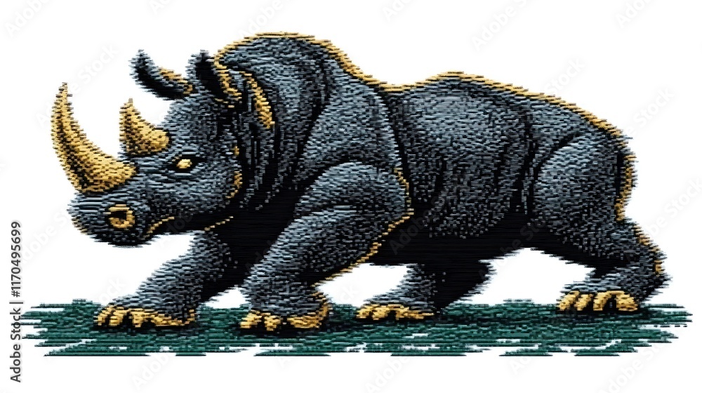 A stylized rhinoceros illustration depicted in a pixelated format