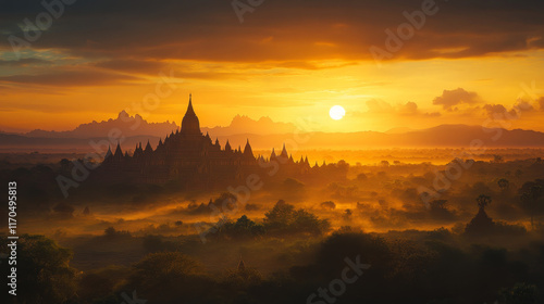 Ancient buddhist temples and places of worship of Burma thin line icon with Shwezigon Pagoda, statue of Reclining Buddha, Kyaiktiyo Pagoda or Golden Rock, Uppatasanti Pagoda and ancient city Bagan photo