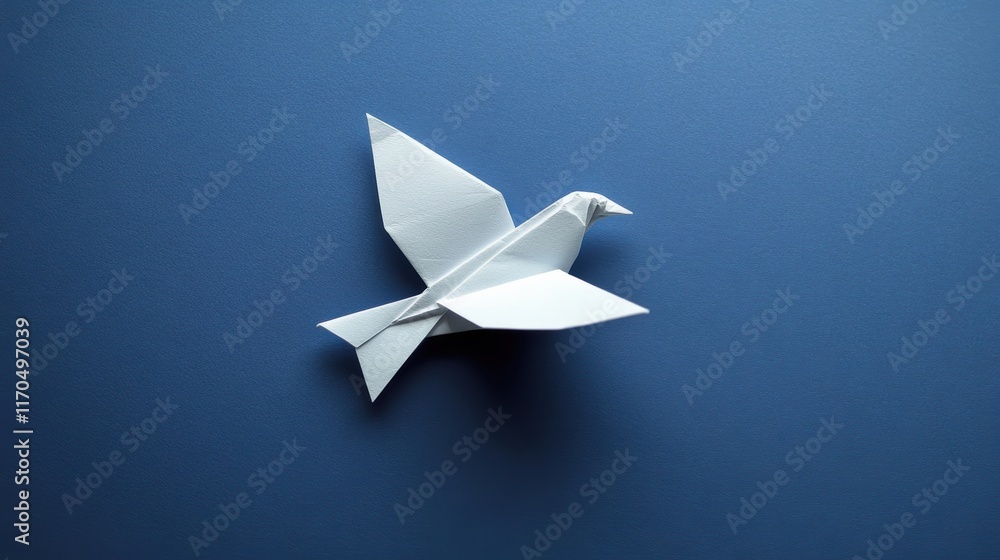 A delicate white origami bird resting on a blue background, symbolizing peace and creativity in minimalism. A delicate white origami bird resting on a blue background, symbolizing peace and creativity in minimalism.