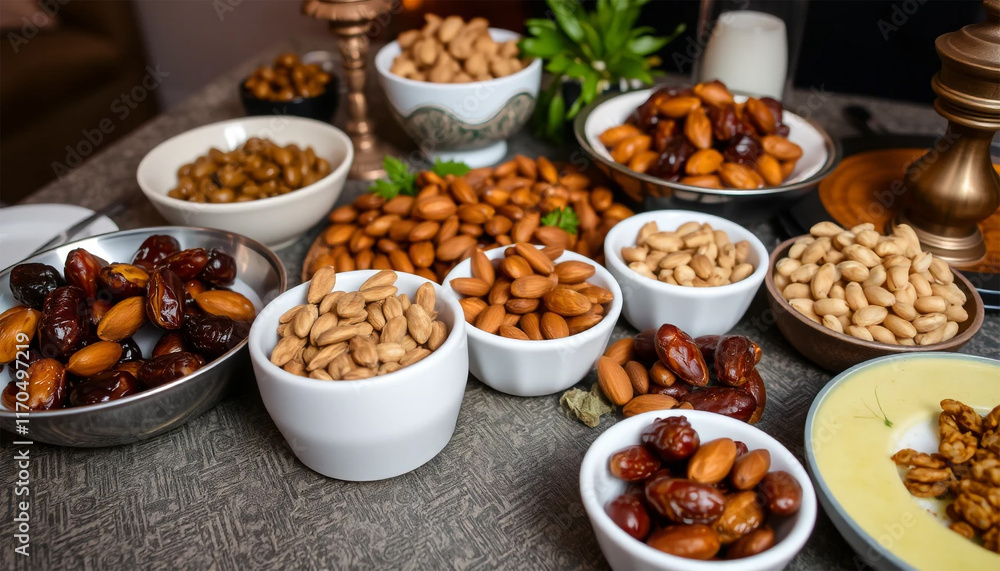 Obraz premium Assorted dates, Nuts, and Ramadan sweets on a table for Iftar, Eid festive