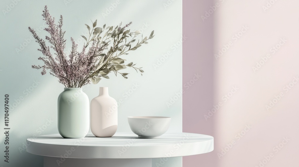 Minimalist display of echoed shapes with muted mint and soft pink accents creating a serene interior atmosphere Minimalist display of echoed shapes with muted mint and soft pink accents creating a serene interior atmosphere