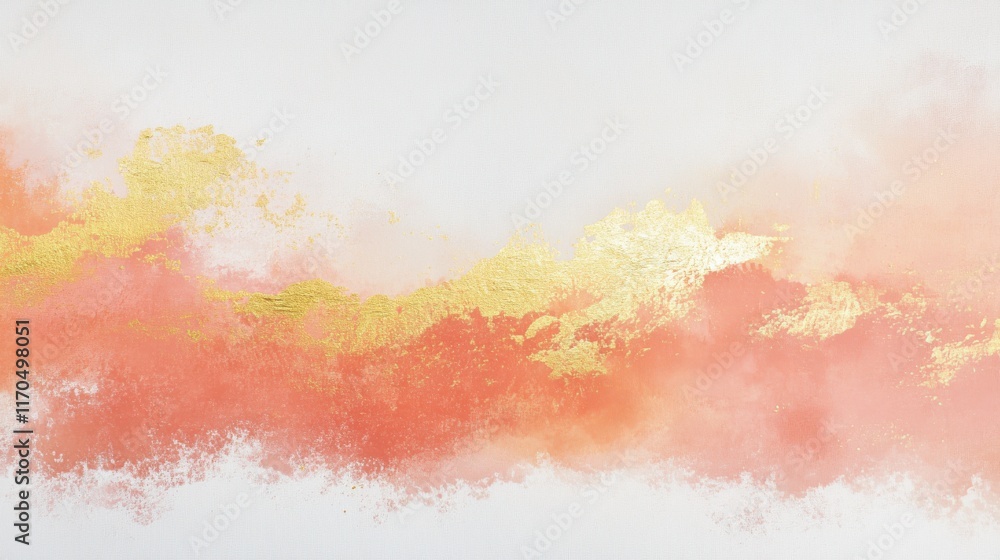 Obraz premium Elegant abstract art with gold accents on a serene white background showcasing soft peach and coral hues